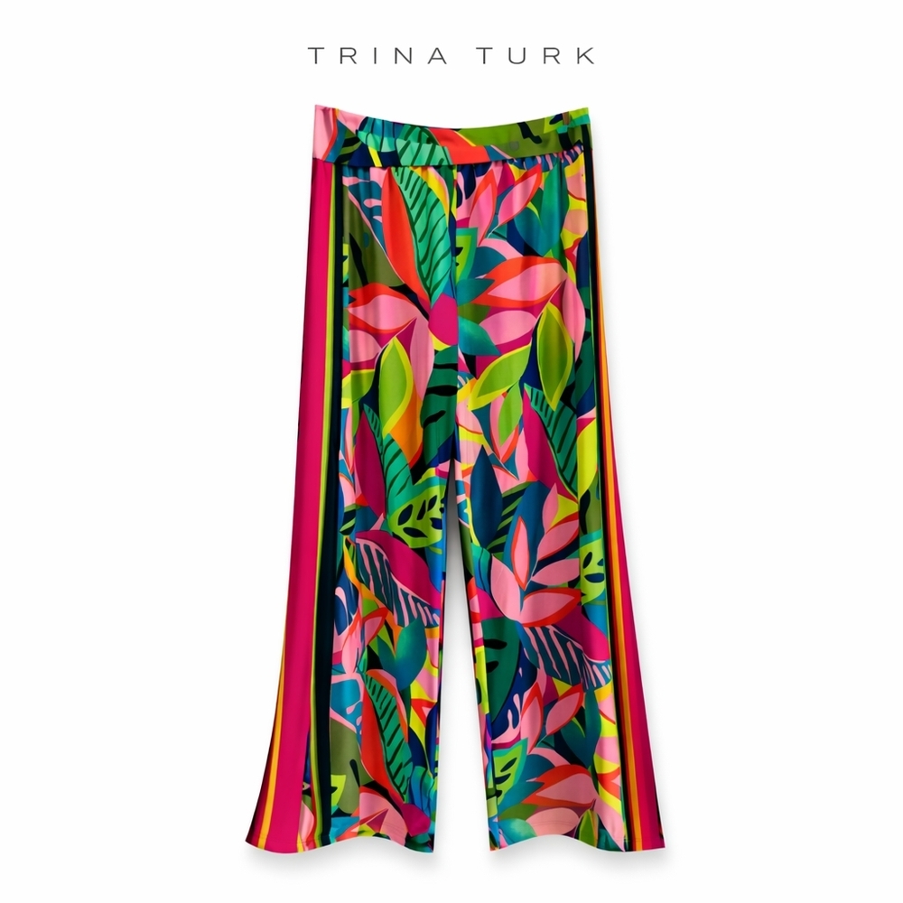 Trina Turk Jewel Tone Tropical Wide Leg Pants Sz. L Side Slits Resort Chic - Picture 10 of 12